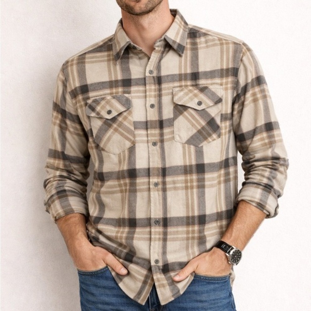 Wrangler Mens Plaid Flannel Button Down Shirt Tan Brown Long Sleeve XL